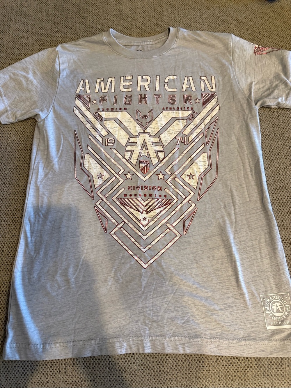 American Fighter Light Gray Graphic Short Sleeve Tee with Maroon Accents